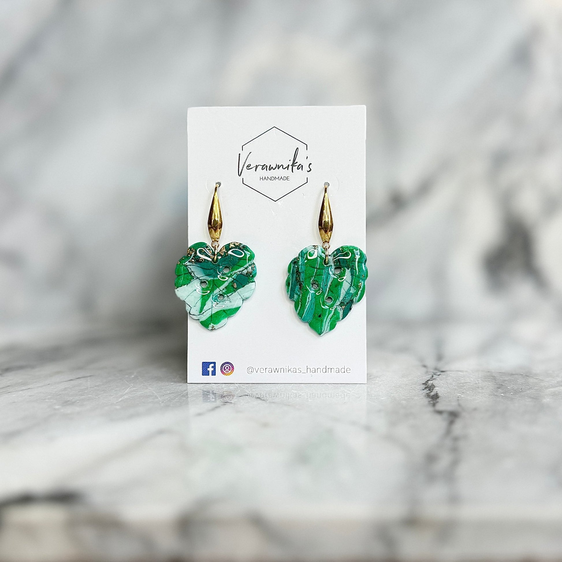 Green & Gold Collection: Lightweight Handmade Polymer Clay Monstera Leaf Earrings with Gold Metal Hooks Verawnika's Handmade