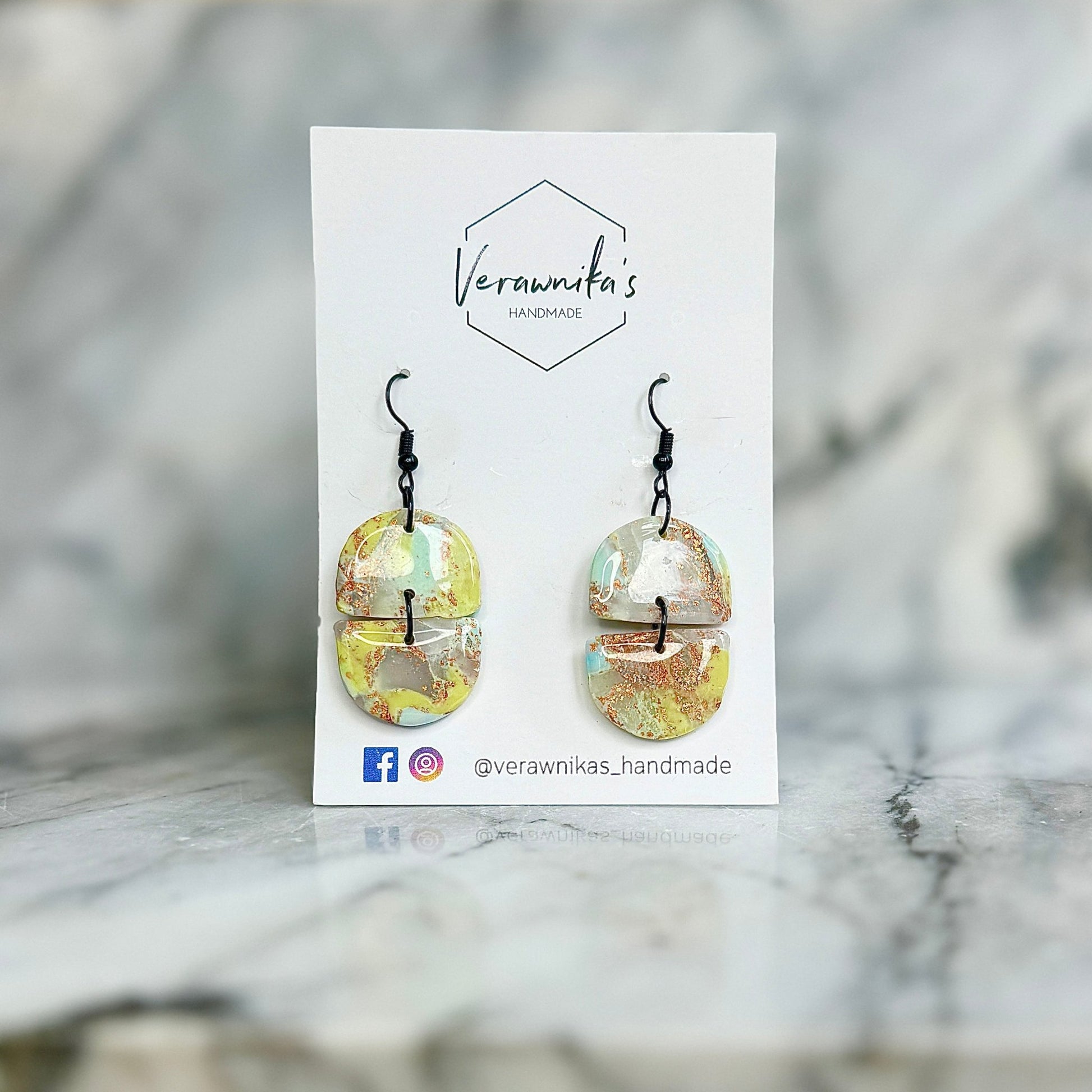 Lime Green, Blue & Bronze Leaf Collection: Handmade Polymer Clay Earrings with Black Hooks Verawnika's Handmade