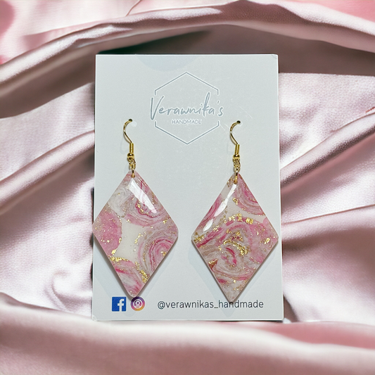 Rose Quartz & Gold Leaf Collection: Large Rhombus Dangle Earrings with Gold Plated Hooks