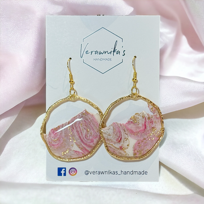 Rose Quartz & Gold Leaf Collection: Large Hoops Dangle Earrings with Gold Plated Hooks