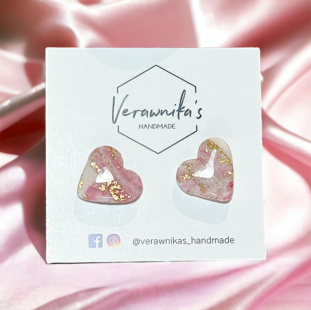 Rose Quartz & Gold Leaf Collection: Medium Heart Studs with Gold Plated Back