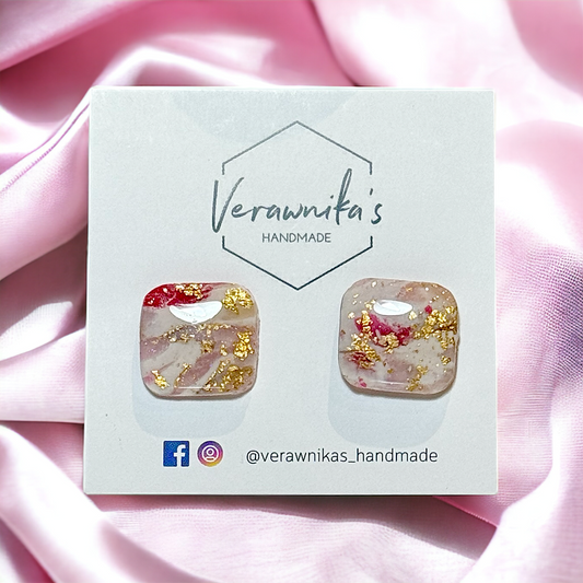 Rose Quartz & Gold Leaf Collection: Medium Square Studs with Gold Plated Back