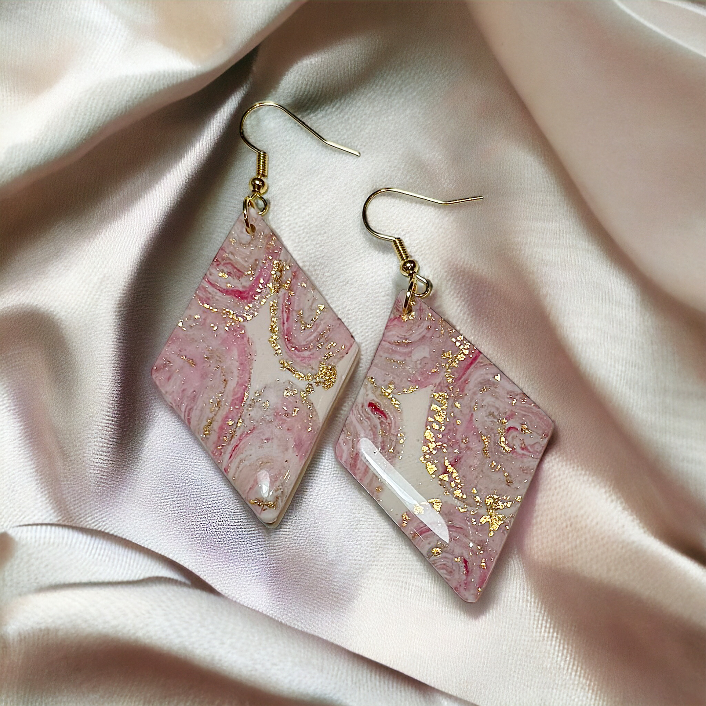 Rose Quartz & Gold Leaf Collection: Large Rhombus Dangle Earrings with Gold Plated Hooks