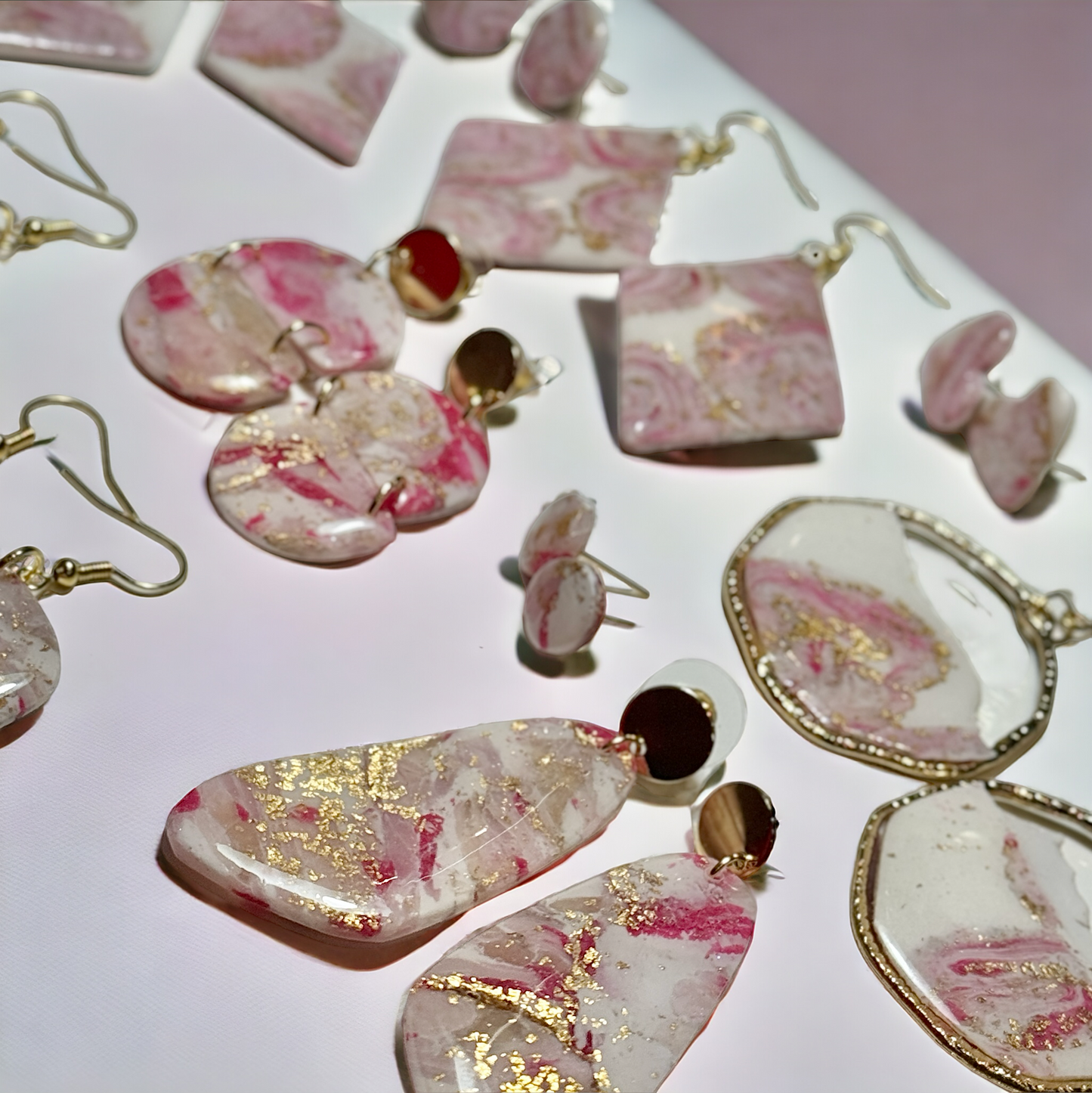 Rose Quartz & Gold Leaf Collection: Medium Dangle Earrings with Gold Plated Hooks