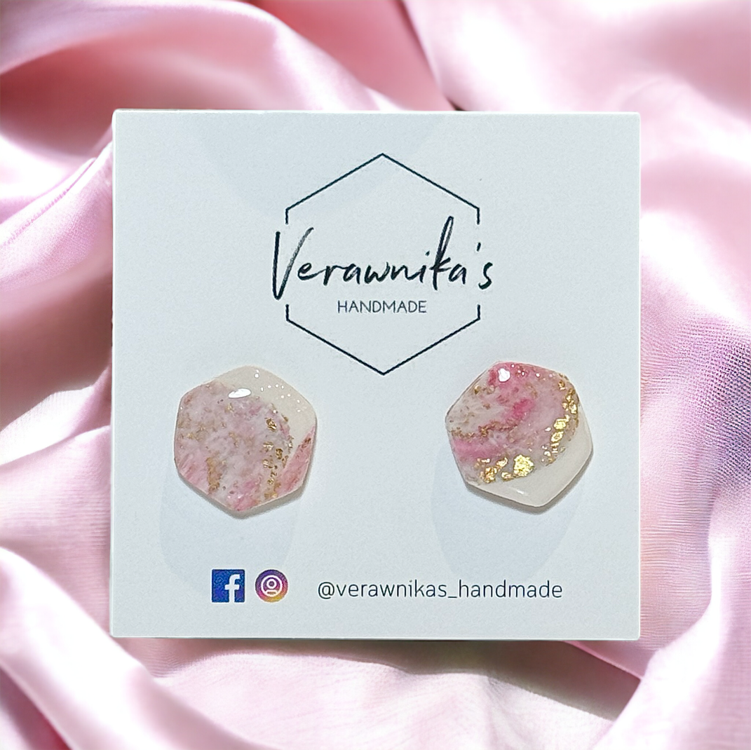 Rose Quartz & Gold Leaf Collection: Medium Hexagon Studs with Gold Plated Back