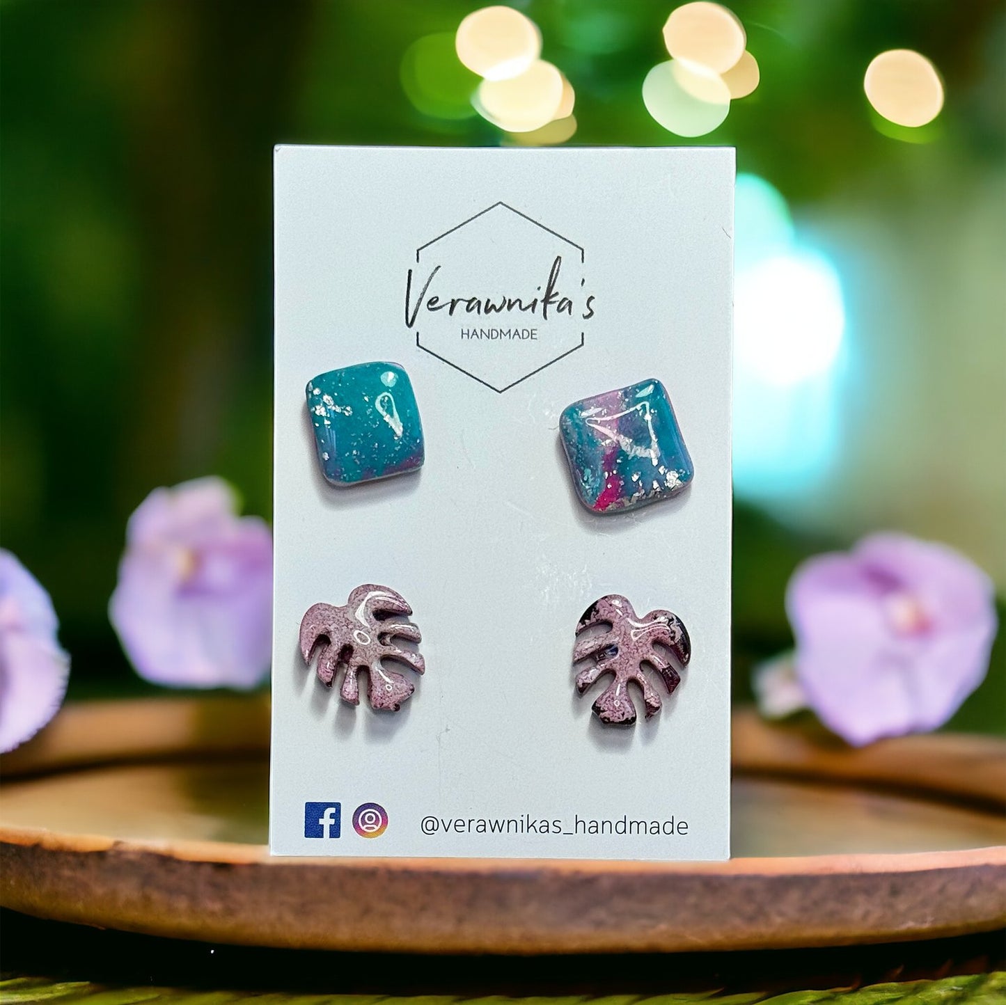 Playful Stud Earrings Selection: Monstera Leaf and Square Verawnika's Handmade