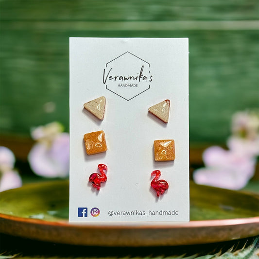 Playful Stud Earrings Selection: Pink Flamingo, Orange Square and Triangle Verawnika's Handmade